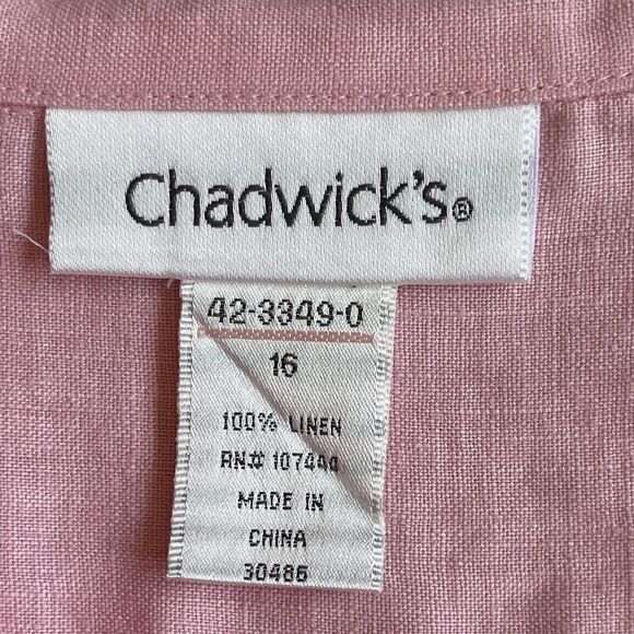 Chadwick's Button-Up Top Women Size 16 Pink 100% Linen Long Sleeve Pocket - Picture 7 of 12